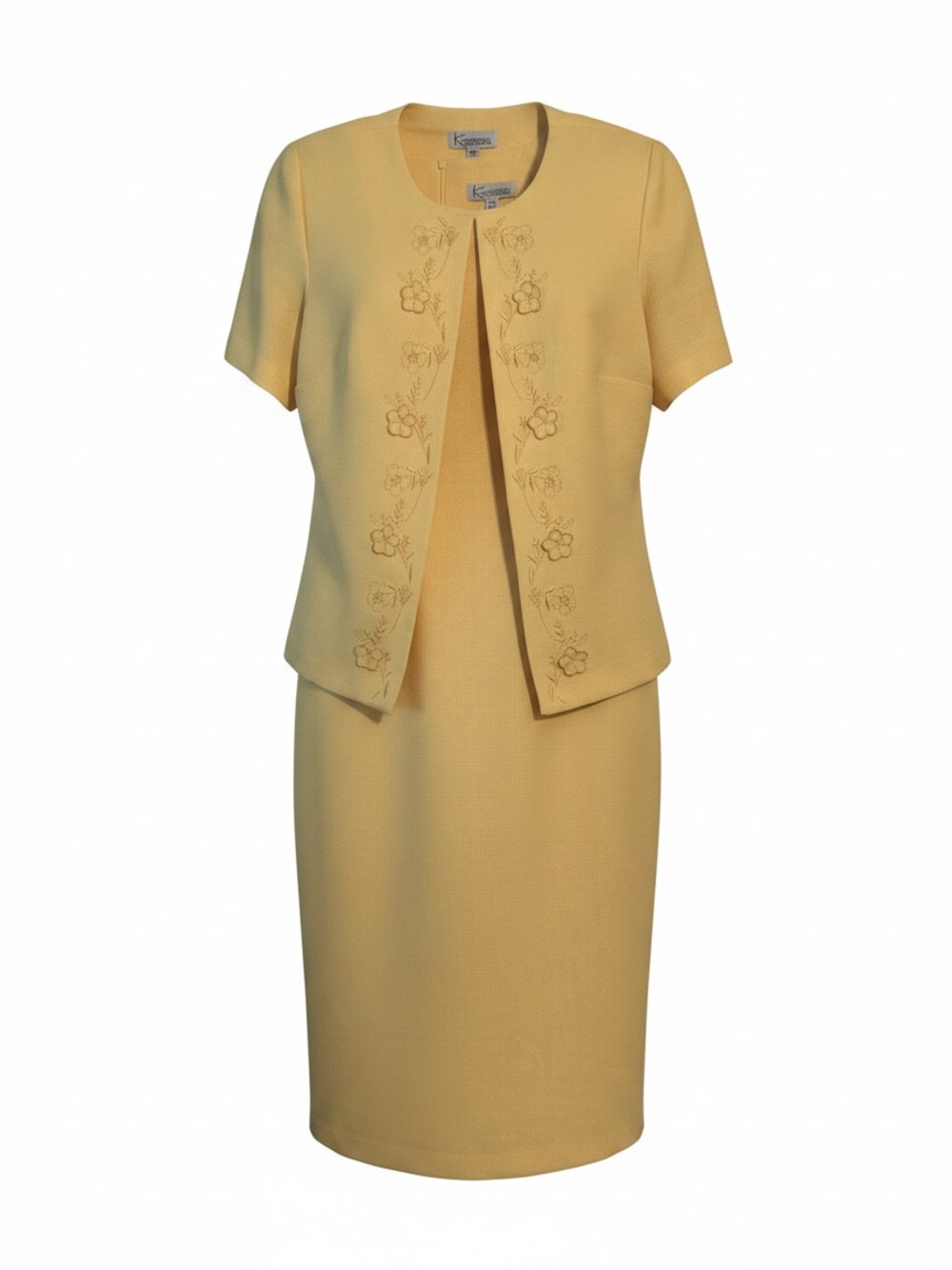 Kasper Yellow Short-Sleeve Jacket with Dress Set with Floral Embroidery